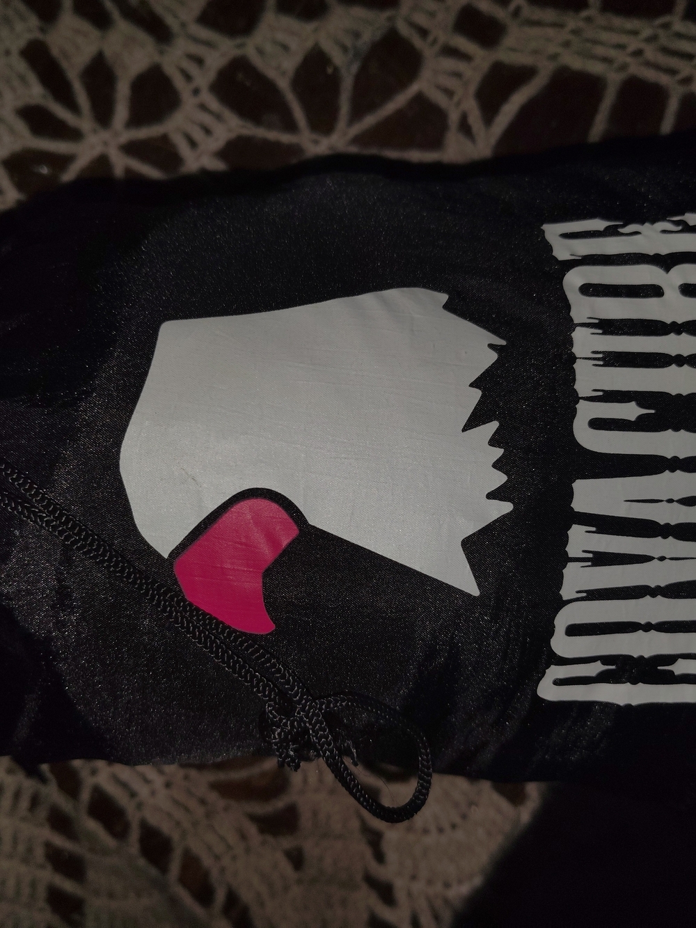 Black Graphic Drawstring Bag with White & Pink Accent